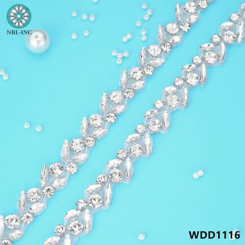 10 yards) Wholesale bridal crystal rhinestone applique trim silver handmade beaded sew on iron on for wedding dress WDD1116