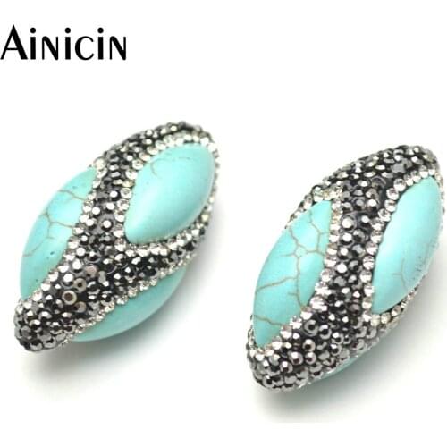 10pcs Large Size 18x40mm Rhinestone Paved Blue Howlite Oval Shape DIY Jewelry Making Materials Beads