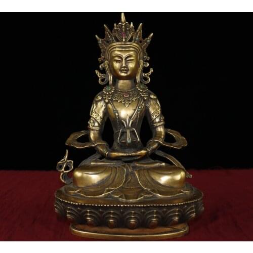 11"Tibet Buddhism Old Bronze Gilt mosaic Gem Amitabha Longevity Buddha Immortal Life Wisdom Tathagata Sitting Buddha