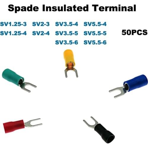 50pcs Spade Insulated Furcate crimp terminals electrical wire connector SV1.25-3~SV5.5-6 lug terminal cable ferrules 22-10AWG