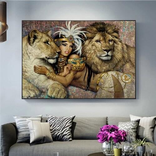 Ancient Egyptian Sexy Ladies Women and The Lion King Canvas Art Painting Posters and Prints Art Pictures Home Decor