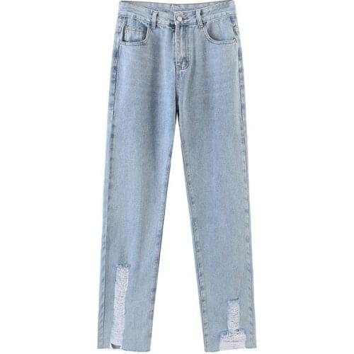 Retro Hong Kong-style Jeans with Holes In Womens Spring and Autumn New Joker Casual Straight Light Blue Daddy Pants DLZK233