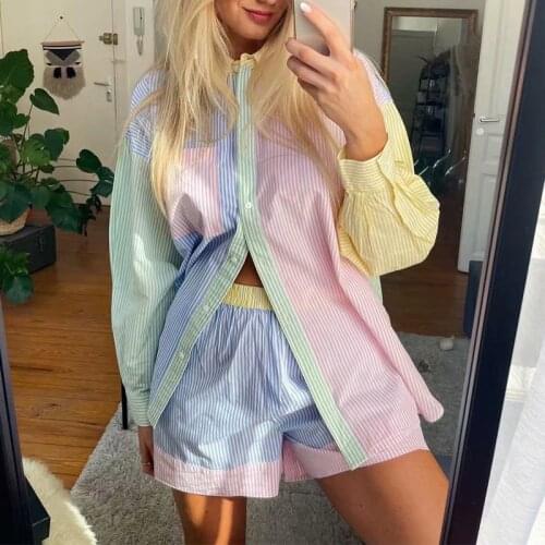 Elegant Contrast Striped Loose Suits 2021 New Women Long Sleeve Shirt Tops And Shorts Two Piece Sets Streetwear High Fashion