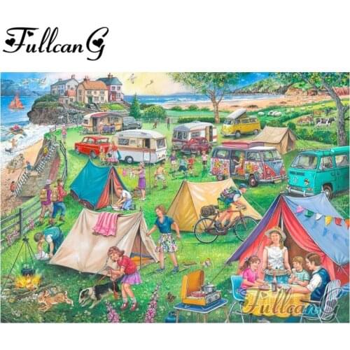 FULLCANG full square/round drill diy diamond painting "camping by the sea" 5d embroidery rhinestone cross stitch kit decor FC251