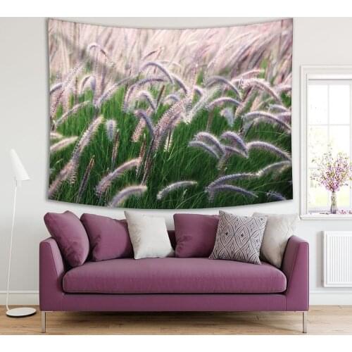 Tapestry Reeds Grass Autumn Seasonal Wild Flower Green Lilac Color Landscape Photo Printed