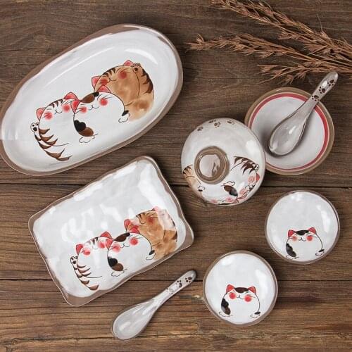 Japanese Style Hand-Painted Ceramic Cute Cartoon Cat Tableware Set Soup Noodle Bowl Fish Dish Family Dinner Steak Dessert Plate