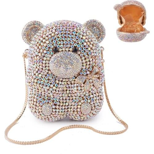 Fashion AB Crystal Clutch Purse Evening Bags Bear Shape Hollow Out Gold Metal Women Party Clutch Lady Chain Purse Female Bags