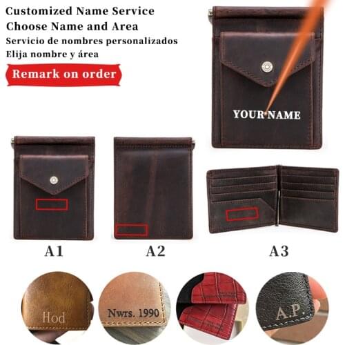Genuine Leather Card Wallet Free Engraving Name Slim Money Clip Money Case Men Women Bifold Wallets with Coin Pocket Gift