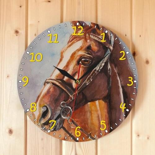 Horse Animal Round Wall Clock Silent Non Ticking Battery Operated Easy to Read for Student Office School Home Decor Clock Art