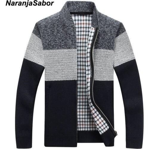 NaranjaSabor Mens Winter Autumn Cardigan Thick Jackets Fashion Gradient knitted Zipper Stand Collar Male Coat Men Clothing N450