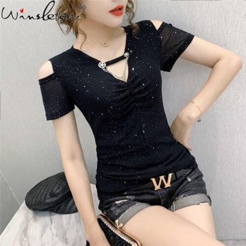 Summer Korean Style T-Shirt Girl Fashion Sexy V-Neck Drape Hollow Out Shiny Mesh Women Tops Short Sleeve Tees New 2021 T14315A