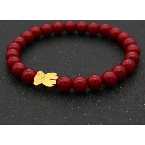 Cute Bear Lovely Stainless Steel Bear Bracelets For Women Girls Lucky Red Natural Stone Black Agates Matte Bead Bracelet Jewelry