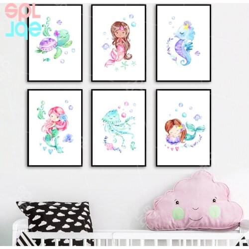 Cartoon Marine Life Canvas Painting Mermaid Princess Poster Modern Wall Simple Poster for Baby Girl Bedroom Nordic Home Decor
