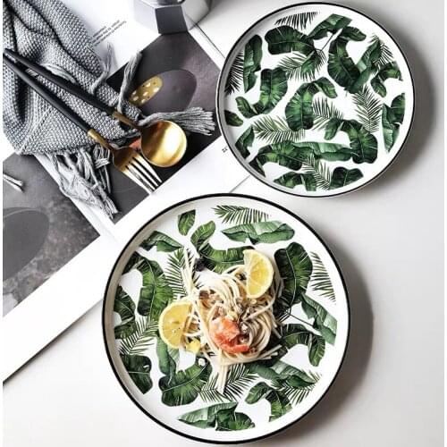 8 and 10 inch Ceramic Dinner Plate Green Leaf Tableware Dinnerware set Flat Dessert Plate Snack Dish