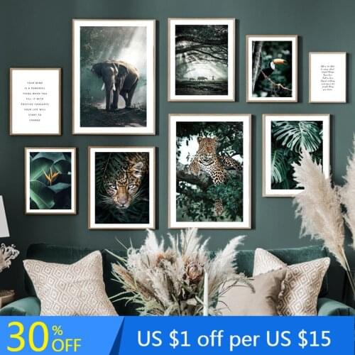 Jungle Wild Leopard Elephant Tropical Bird Leaf Nordic Poster Wall Art Print Canvas Painting Wall Picture For Living Room Decor
