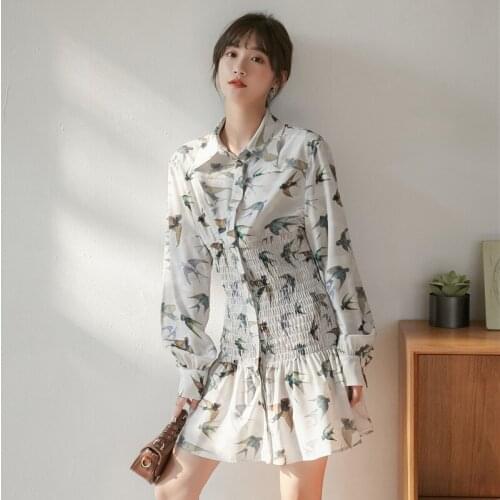 New Fashion Bird Print Long-Sleeved shirt Dress Korean Style Waist A-Line Short Dress Women Fashion Clothing