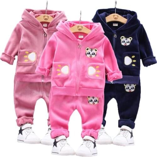 Autumn Cartoon Tiger Warm Clothing Set For Girl 4 Color Cute Velvet Pure Cotton Hooded Sweatshirt And Pants 2Pcs Kids Suits