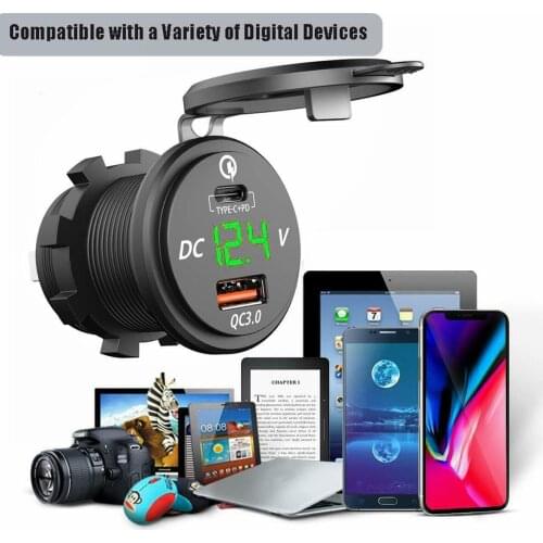 PD QC3.0 Dual USB Charger Socket Adapter With LED Voltmeter Waterproof Dustproof Cover For 12/24V Car Motorcycle Marine