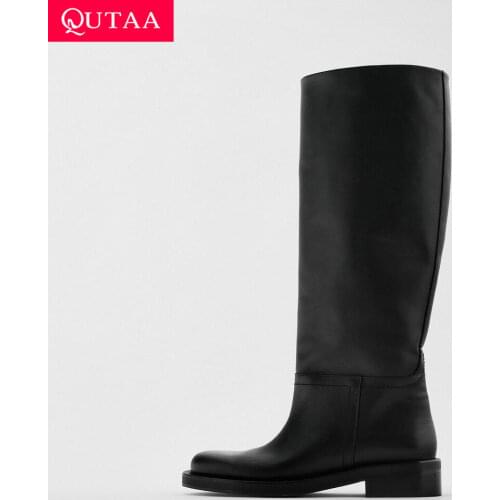 QUTAA 2022 INS Women Knee High Boots Full Cow Leather Med Heels Woman Motorcycle Boots Long Office Lady Winter Shoes Za 34-40