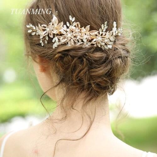 Luxury Gold Crystal Wedding Hair Jewelry For Women Flower Rhinestone Elegant Hair Combs Bridal Fashion Hair Accessories Gifts