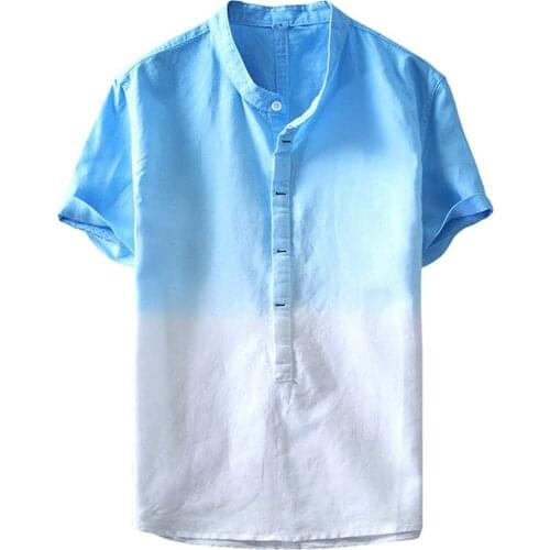Mens Cotton Linen Shirts Short Sleeve 2021 Summer Printed Gradient Shirts Breathable Camisa Masculina Blouse Tops Tees Plus 3XL