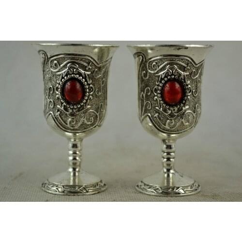 Handwork Miao Silver Carving Pattern & Inlay Red Bead Wine Cup metal handicraft