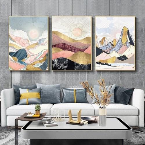 Modern Geometric Mountain Landscape Wall Art Canvas Paintings HD Printed Texture Golden Sunset Poster Picture Nordic Home Decor