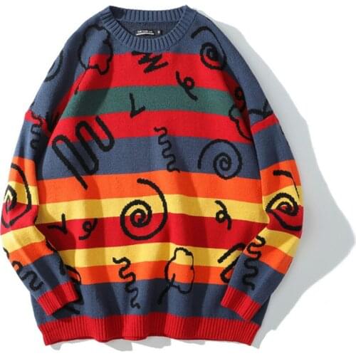 Rainbow Stripe Sweaters Men Harajuku Pullovers Punk Hip Hop Streetwear Korean Clothing Couple Graffiti Long Sleeve Pull Homme