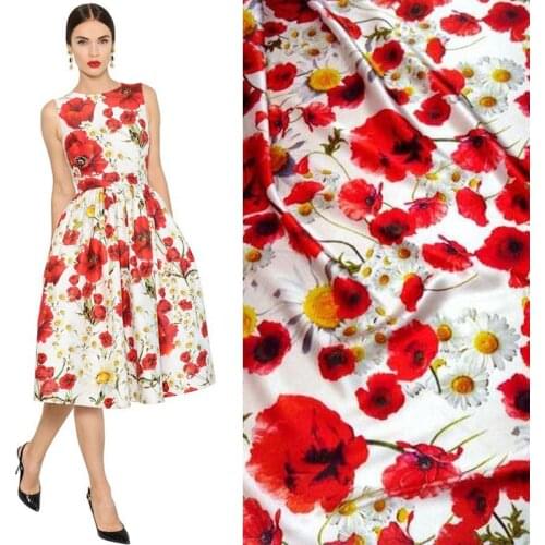 Telas Super heavy satin stretch 95% silk Fabric Material Curtains Dress black botton/white flowers Prints cloth Fabric Textile