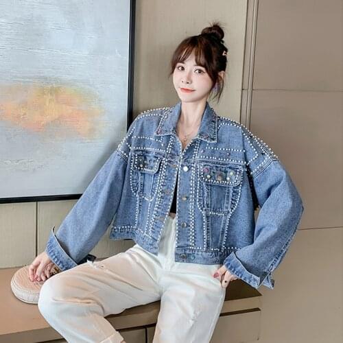 Designer Beading Diamond And Pearl Short Tops Crop Blue Jean Jacket For Women Loose Long Sleeve Denim Big Size Unique Clotges
