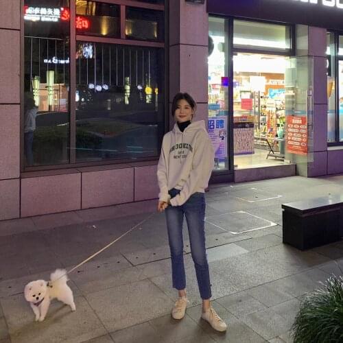 Spring/Autumn 2021 plus velvet hooded loose-fitting top womens wear tide winter new Korean version of the letter printing