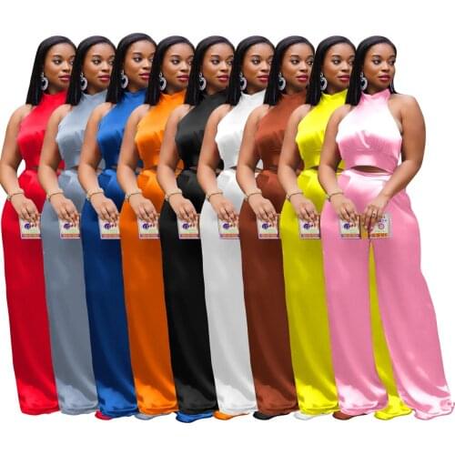 2021 Summer Women 2 Two Piece Sets Outfits Nightclub Party Halter Neck Crop Backless Tops + Loose Wide Leg Pants New Casual Hot