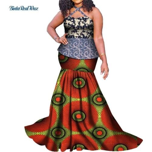African Women Tops and Mermaid Skirt Sets Wedding Party Skirt Sets Vestidos African Wax Print 2 Pcs Sets Lace Clothing WY8247