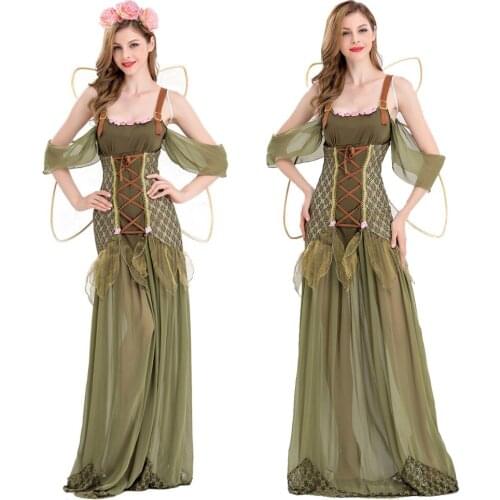Halloween Green Forest Princess Costume For Women Magic Flower Fairy Splicing Mesh Pink Rose Headwear Elf Wing Cosplay Party Set
