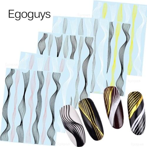 1PC 3D Laser Gold Metal DIY Nail Art Stickers White Black Arc Tape Curved Wave Line Stripe Decals Self Adhesive Transfer Foils
