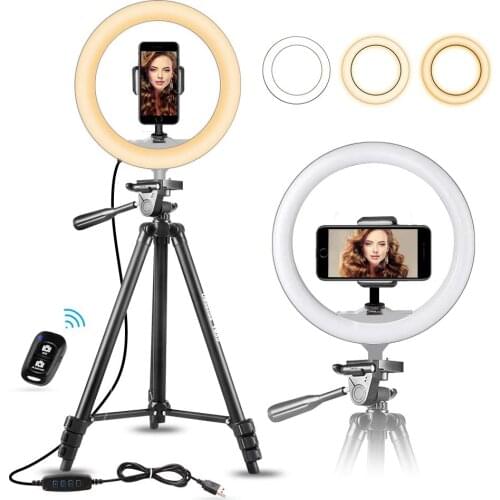 10" Selfie Ring Light with 50" Extendable Tripod Stand & Flexible Phone Holder for Live Stream/Makeup, UBeesize Mini Desktop