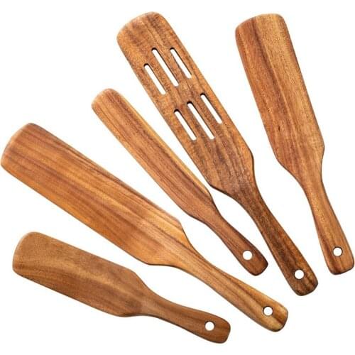 5Pcs Wooden Spatula Set Wood Spoons for Cooking, Spurtles Wood Kitchen Natural Teak Utensils Tools