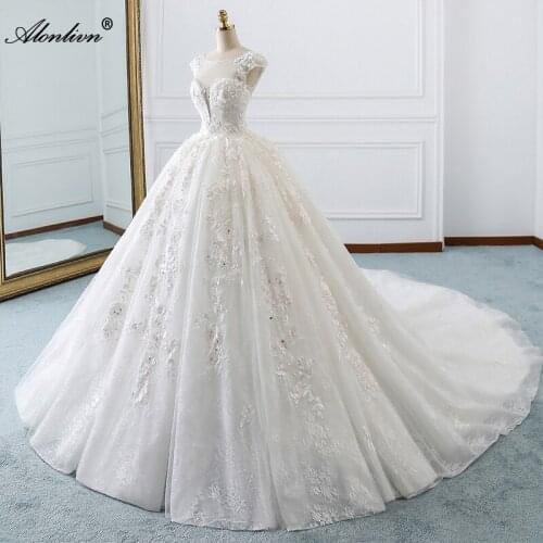 Alonlivn Real Photo Wedding Gowns Embroidery Lace Elegant Beading Crystals Lace Up Princess Ball Gown Wedding Gowns