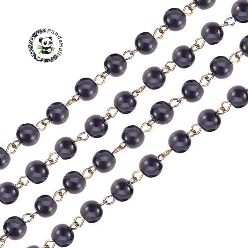 Handmade Glass Pearl Beads Chains,with Glass Pearl Beads and Iron Eyepins, Antique Bronze, Black, 1000x8mm, about 76pcs/strand