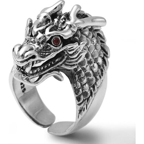 Pure 925 Sterling Silver Dragon Ring Animal Domineering Rings for Men Male Red Zircon Punk Thai Silver Fashion Jewelry Gifts