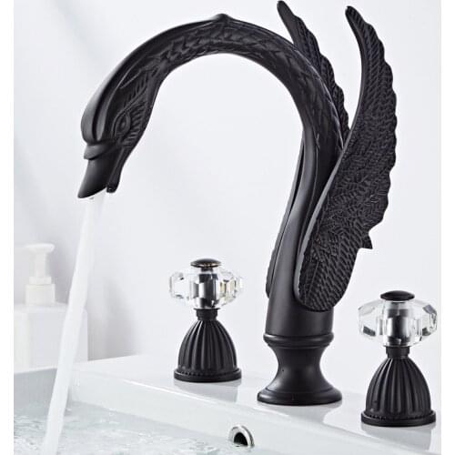 European Copper Black Swan Basin Water Tap Handle with Crystal Three-hole Faucet Wash Basin Hot and Cold Split Bathtub Faucet