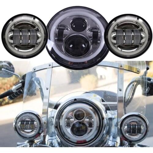 Chrome 7 Inch LED DRL Halo Motorcycle Headlight +4-1/2" LED Fog Passing Lamps for Harley Front Lights Driving Lamp Projector