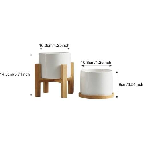 Ceramic White Flower Pot Succulent Flowerpot With Bamboo Bottom Tray Bracket Crafts Vase Office Garden Home Decoration Ornament