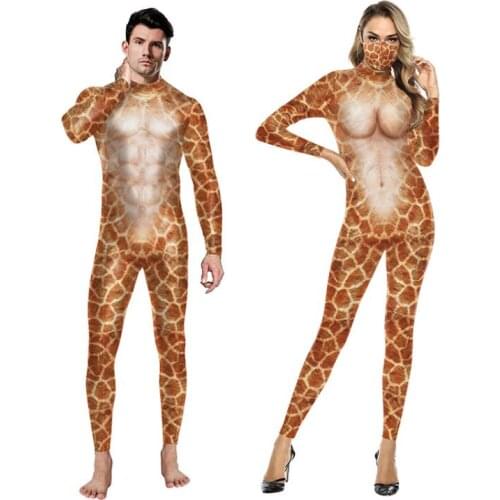 Giraffe Printed Cosplay Bodysuits Elastic Sexy Costume For Women Men Halloween Couples Jumpsuits Exercise Fitness Outfit Unisex