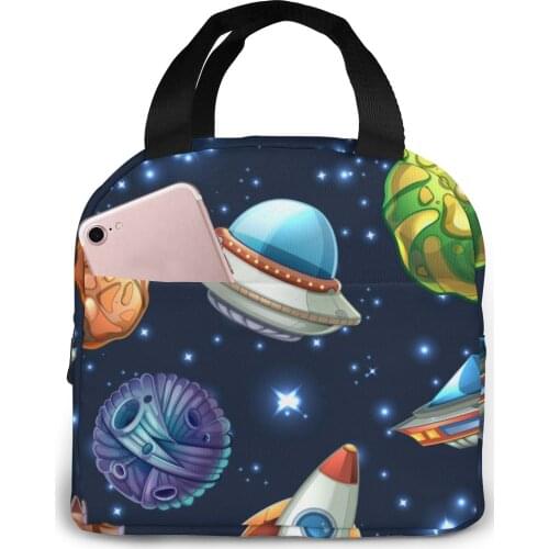 Comic Space With Planets Spaceships Cooler Lunch Box Portable Insulated Lunch Bag Thermal Food Picnic Lunch Bags