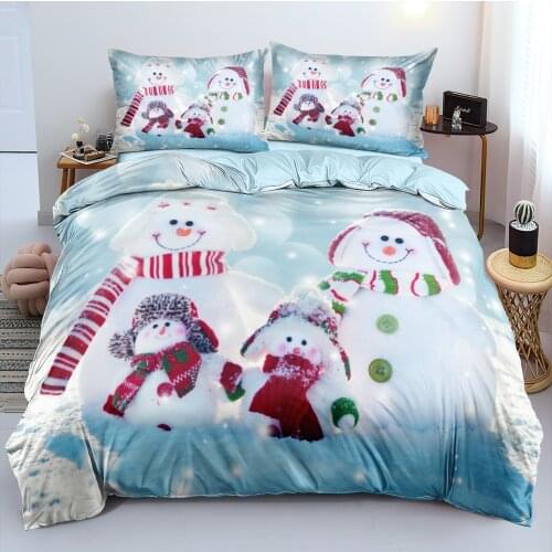 3D Duvet Cover and Pillowcase(s) Set Christmas Snowman Family Light Blue Quilt Covers Bedding Sets King Bed Linens easy-care