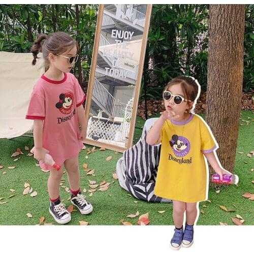 Summer Kid Girl Dresses Fashion Cotton Cartoon Disneyland Mickey Mouse Short Sleeve T-Shirts Beach Party Princess Dress Costumes