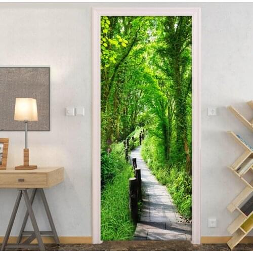 3D Green Forest Path Mural Art Door Sticker Living Room Bedroom Restaurant Wall Painting Pvc Self Adhesive Waterproof Wallpaper