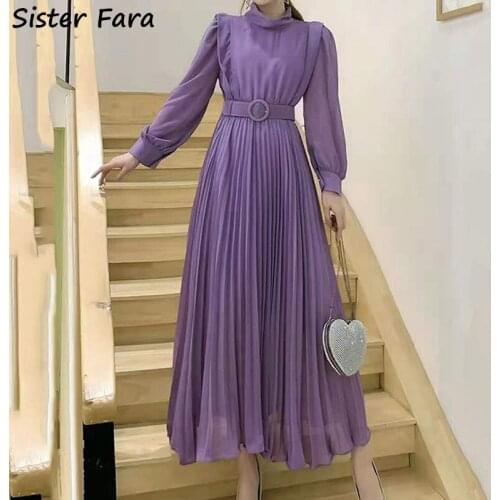 Sister Fara Spring Autumn Turtleneck Pleated Womens Dress Elegant Long Sleeve With Sashes Dress Ladies Ankle-Length Dresses