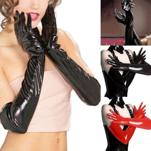 Sexy Women Faux Patent Leather Full Finger Long Gloves Nightclub Party Costume